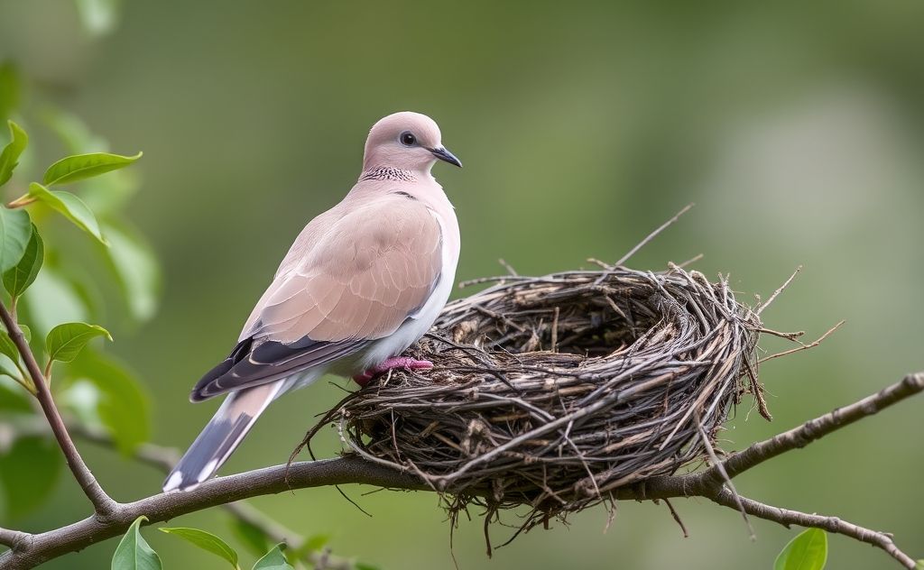 A dove perched on a branch near an empty bird nest.