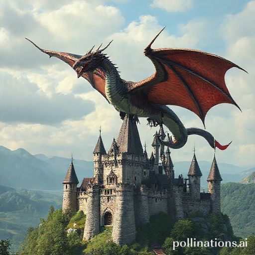 A dragon flying over a medieval castle