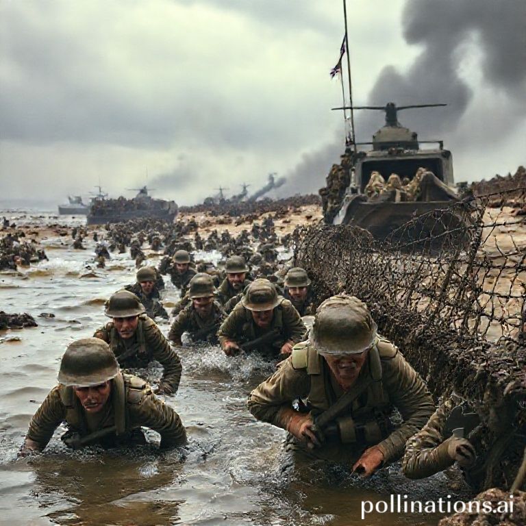 A dramatic and historically accurate depiction of the D-Day landing on Omaha Beach. Focus on American soldiers emerging from landing craft onto a chaotic beach under heavy fire, with barbed wire obstacles, anti-tank defenses, and smoke in the background. Show the determined, grim faces of the soldiers, some wading through water, others taking cover behind obstacles. The sky is cloudy, and the overall mood is intense and somber, capturing the immense struggle and sacrifice of the invasion.