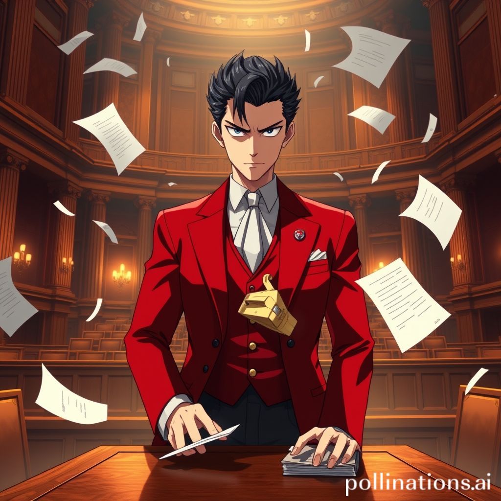 A dramatic courtroom scene from *Phoenix Wright: Ace Attorney*, featuring the iconic prosecutor Miles Edgeworth. He stands confidently in his sharp red suit, with his silver cravat and piercing gaze, exuding an air of calculated intensity. The grand courtroom is bathed in warm yet tense lighting, with wooden benches, towering pillars, and legal tomes lining the shelves. Papers flutter as he slams his hand on the desk, holding a damning piece of evidence—a glowing red 'Prosecutor's Badge' glints on his lapel. The mood is high-stakes, charged with tension and intellectual rivalry, blending anime-inspired character designs with semi-realistic textures. Shadows stretch dramatically, emphasizing the clash of wits in this legal battle