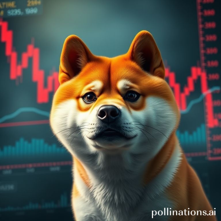 Dogecoin price chart showing a steep decline, with the Shiba Inu logo looking stressed amidst bearish indicators.