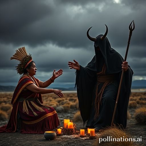 A dramatic scene contrasting a serene Mapuche 'machi' performing a healing ritual on one side, and a shadowy 'kalku' weaving dark magic on the other, in a Patagonian landscape.