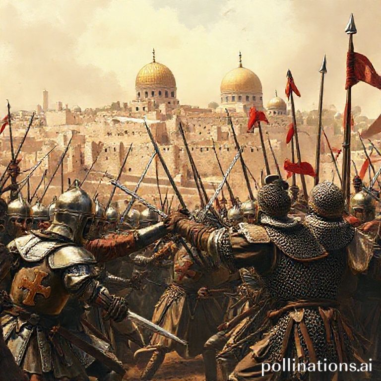 A dramatic, historically-inspired illustration of a pivotal moment during the Crusades. In the foreground, armored European knights with crosses on their tunics are clashing with heavily armed Muslim warriors in intricate chainmail and turbans. The scene is set against a backdrop of a fortified medieval city, possibly Jerusalem, with its iconic domes and walls visible under a dusty sky. Weapons like swords, spears, and bows are prominent, conveying the intensity of the conflict. The overall atmosphere is one of ancient warfare, cultural clash, and historical significance.