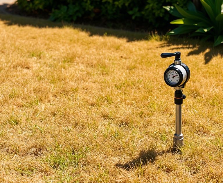 A dry lawn being watered during a heat wave with a timer.