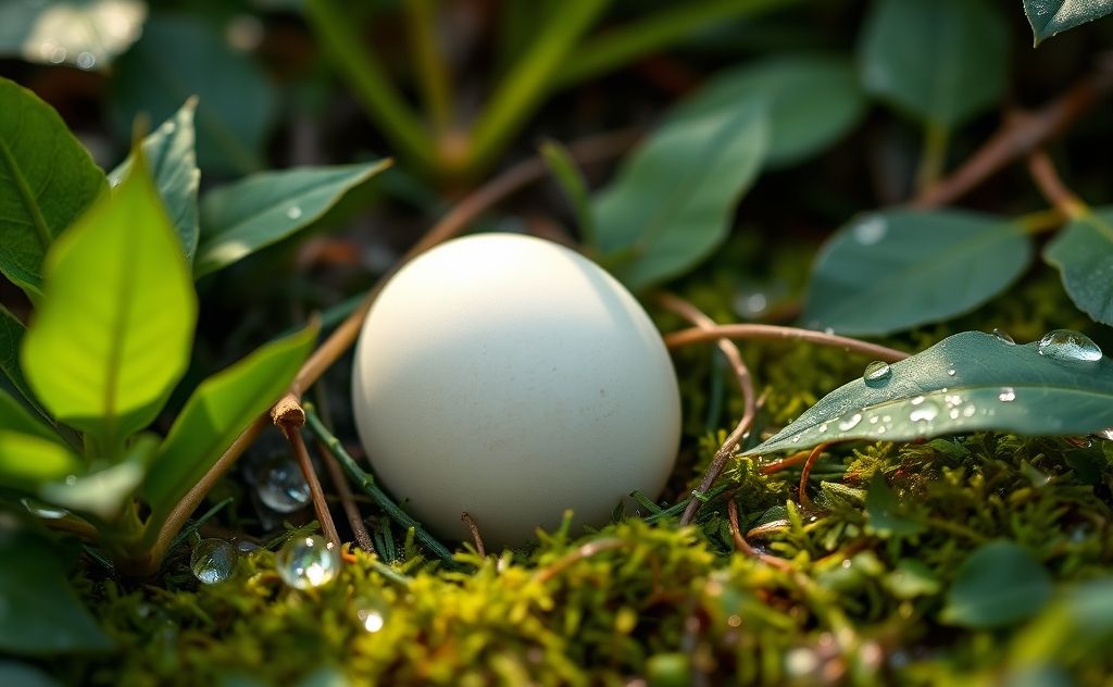 A duck egg resting in a natural setting with moisture-rich elements.