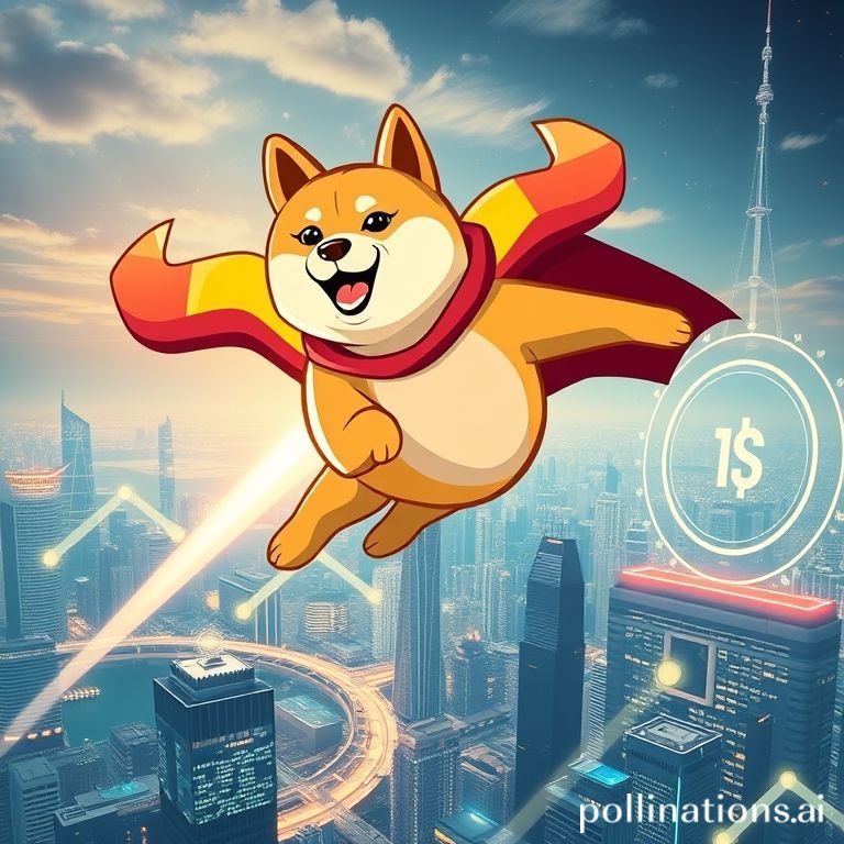A Shiba Inu dog in a superhero cape flies over crypto charts towards a $1 target, symbolizing Dogecoin's predicted rally.