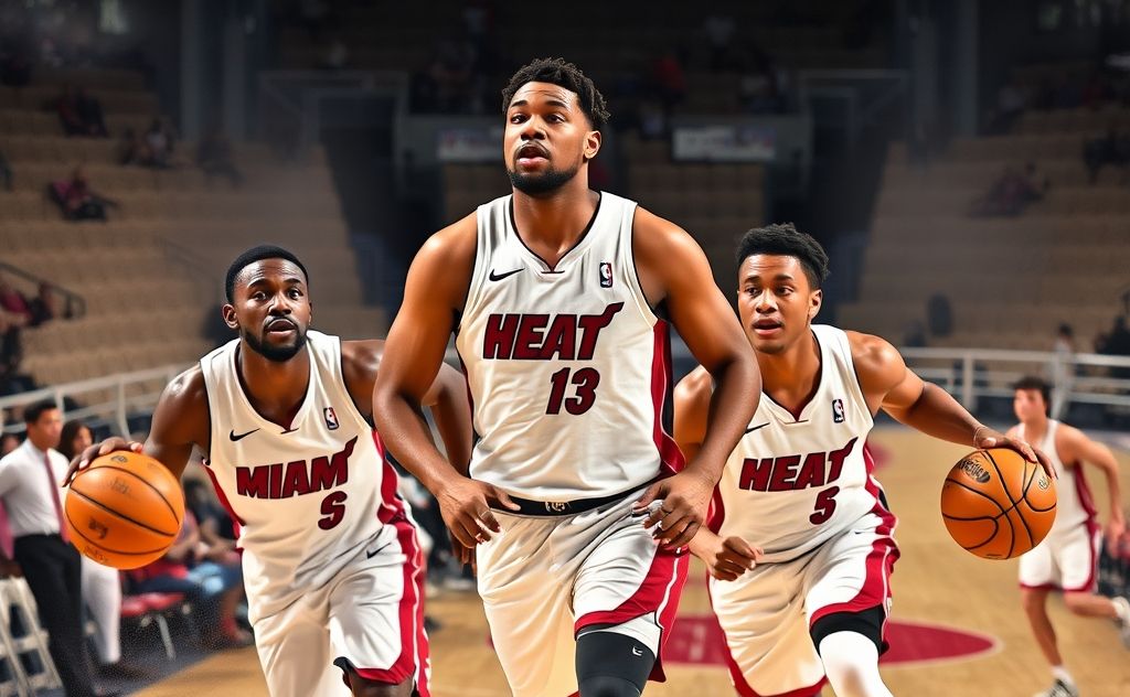 A dynamic basketball scene featuring Miami Heat players in action.