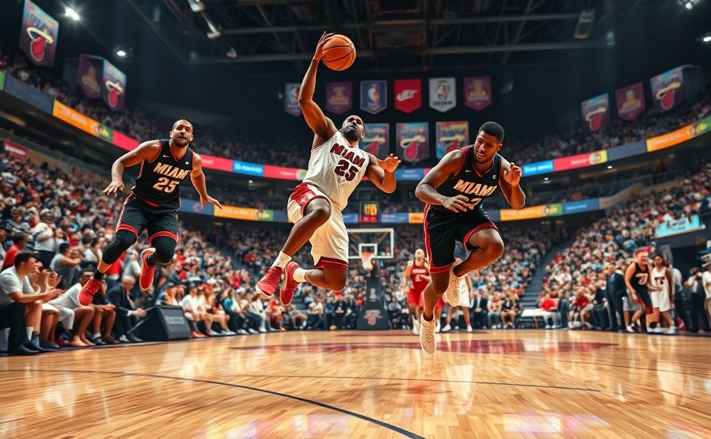 A dynamic basketball scene showcasing Miami Heat players in action.