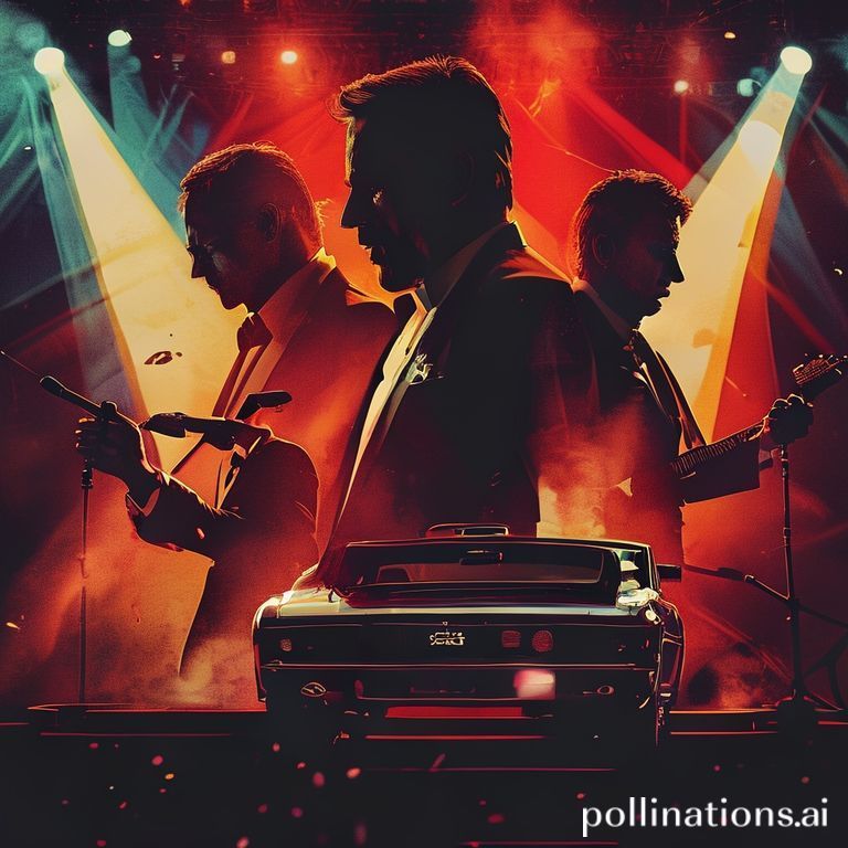 Oasis reunion concert with Liam and Noel Gallagher, symbolizing their potential James Bond theme and financial resurgence.