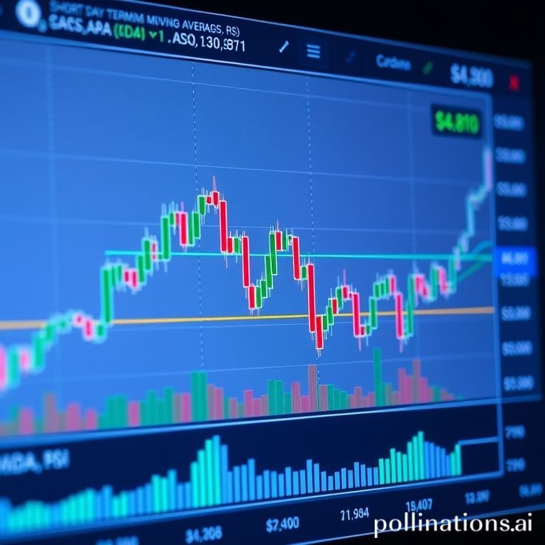 Cardano (ADA) price chart with moving averages and RSI, indicating an oversold condition and potential for a short-term rebound.