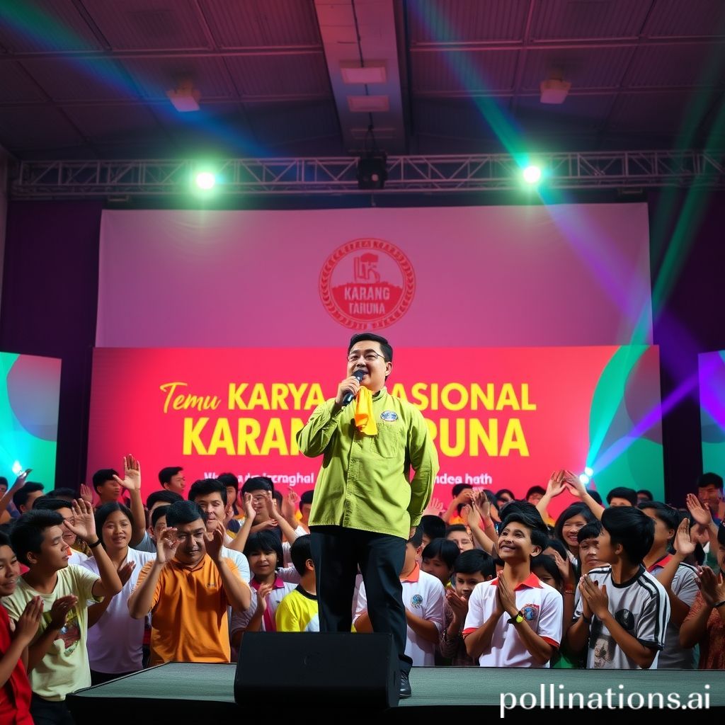 A dynamic image featuring Budi Djiwandono on a brightly lit stage, speaking confidently into a microphone. Behind him, a large banner clearly displays 