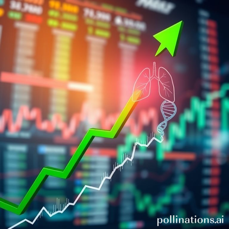 A vibrant image depicting a stock market chart showing rapid growth, with medical imagery symbolizing successful lung cancer detection technology driving bioAffinity Technologies' stock surge.