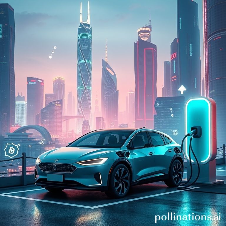 An electric car charges at a modern station in an urban setting, with crypto symbols blending into the tech-focused backdrop.