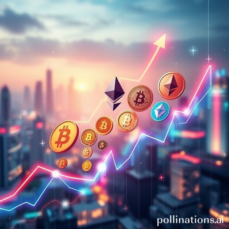 Dynamic visualization of cryptocurrency market growth, with diverse digital assets surging amidst market analysis and investment trends.