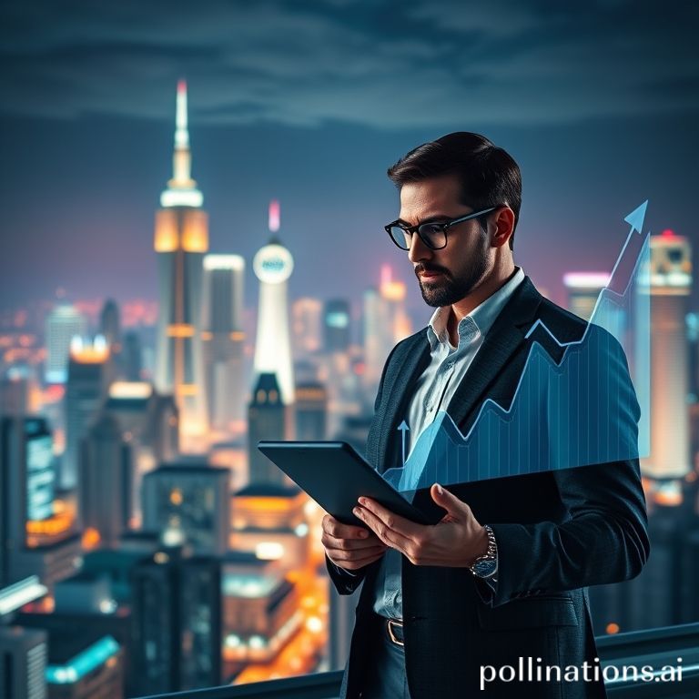 An investor calmly observing a complex digital financial market with AI and crypto trends, symbolizing strategic asset management amidst volatility and innovation.