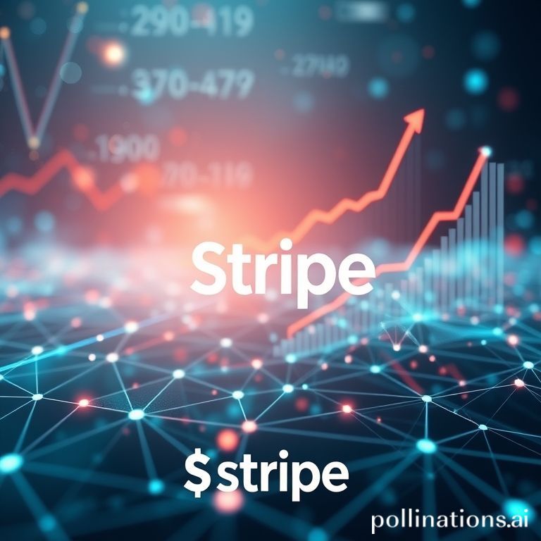 An abstract representation of digital financial growth, featuring a rising arrow, network connections, and a prominent Stripe logo, symbolizing its record valuation.