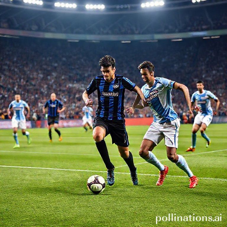 A dynamic, high-energy shot of a football match between Inter Milan and Lazio. Players from both teams are actively contesting the ball in midfield, with one Inter player in black and blue stripes dribbling past a Lazio player in sky blue and white. The background shows a packed, vibrant stadium with fans cheering, spotlights illuminating the field. The atmosphere is intense and competitive, reflecting the importance of the Serie A game.