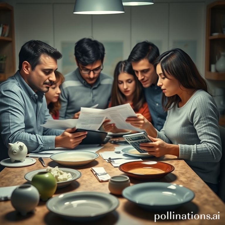 A family carefully budgeting finances at a kitchen table, representing widespread consumer spending cutbacks and economic pressures.