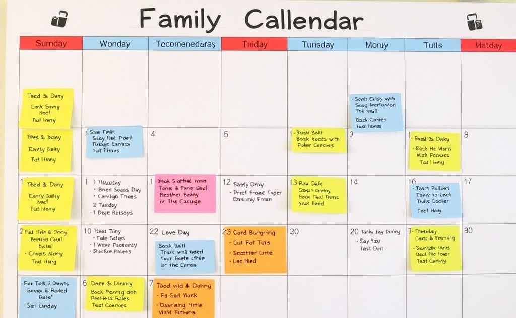 A family calendar with color-coded schedules and reminders.