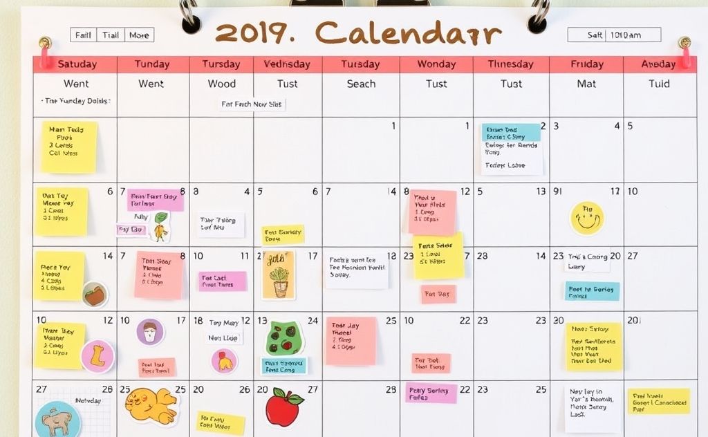A family calendar with colorful stickers and organized schedules.