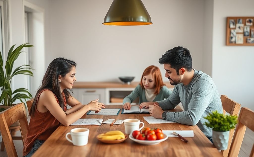 A family gathered around a table discussing their goals together.