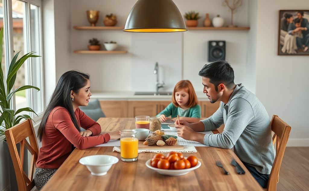 A family gathered around a table discussing their priorities.