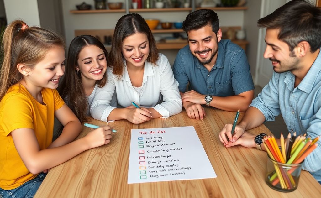 A family gathered around a table with a colorful to-do list.
