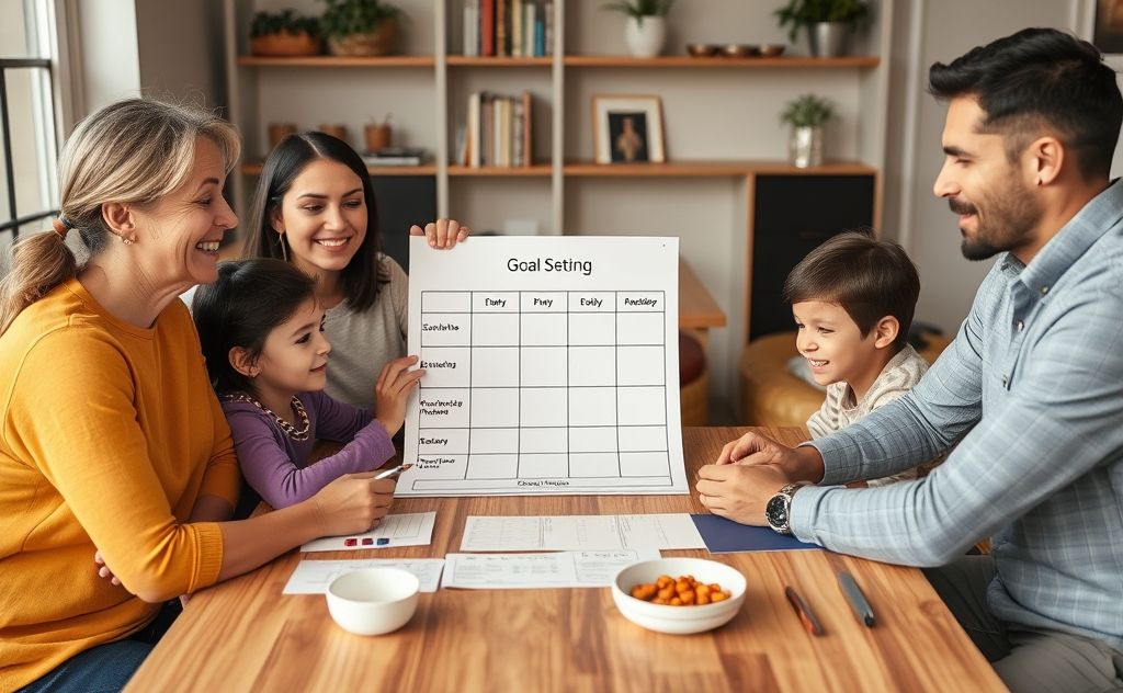 A family gathering around a table with a goal-setting chart.