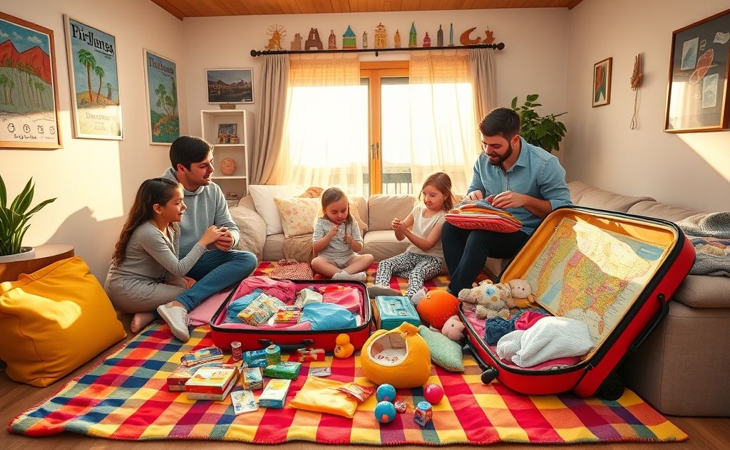 A family packing essentials for a road trip with children.