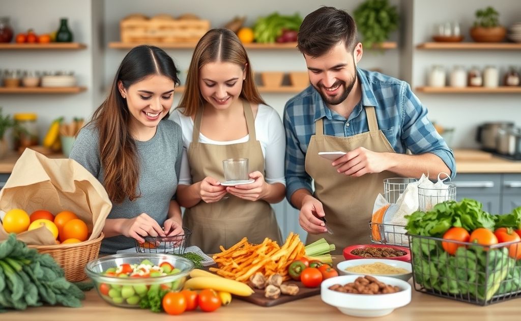 A family planning meals with fresh groceries and a shopping list.