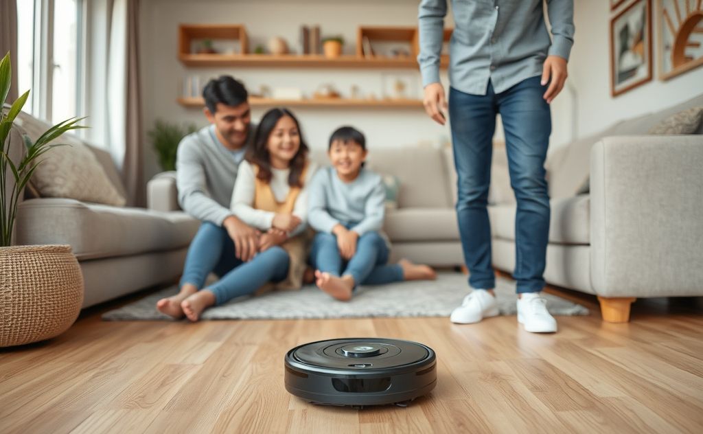 A family using a robotic vacuum cleaner in a cozy living room.