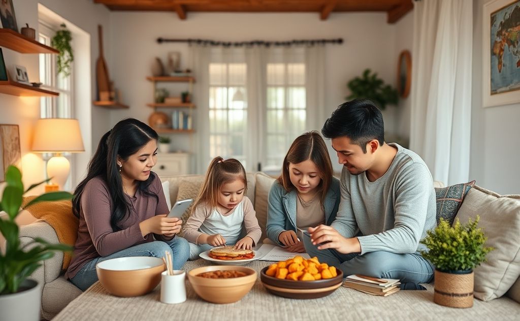 A family working together in a cozy home environment.