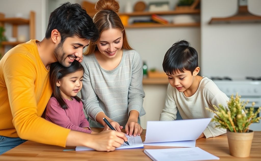 A family working together, assigning tasks with a shared checklist.