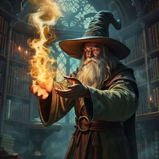 A fantasy wizard casting a spell in a library