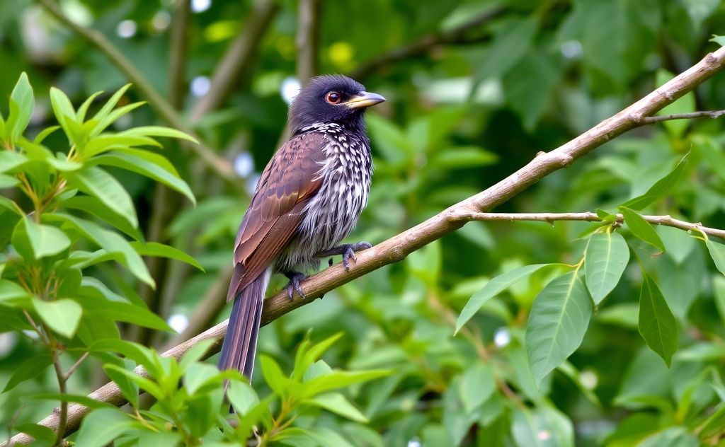 A female koel perched on a branch surrounded by green foliage.