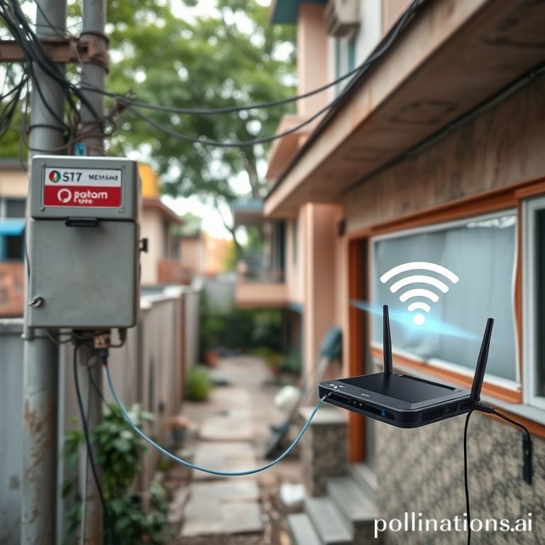 Fiber optic cable from ISP box to a Nepali home, showing last mile connection to a Wi-Fi router.