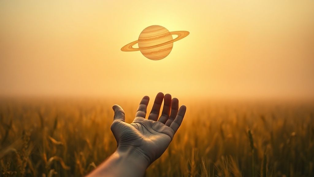 A field of wheat bathed in golden sunlight. A single, weathered hand, reaching toward a glowing celestial Saturn. Ethereal, misty backdrop, highlighting rebirth and perseverance. Mystic style, cinematic.
