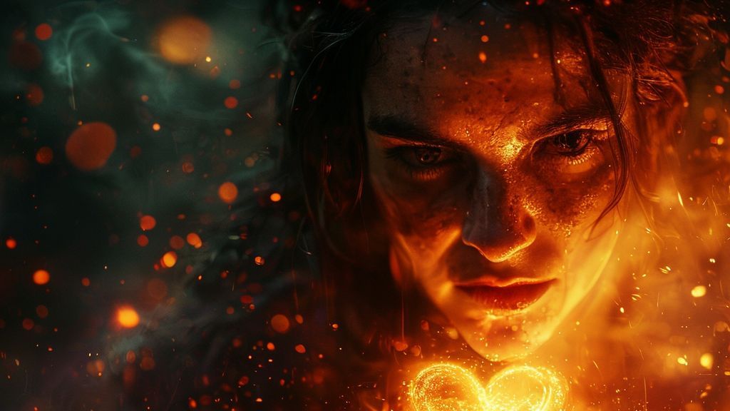 A fiercely protective Joyce Byers bathed in celestial light, a fiery Leo heart radiating warmth. Dark, dramatic surroundings. Emphasize loyalty, determination, and maternal love. Mystic, ethereal, 4k.