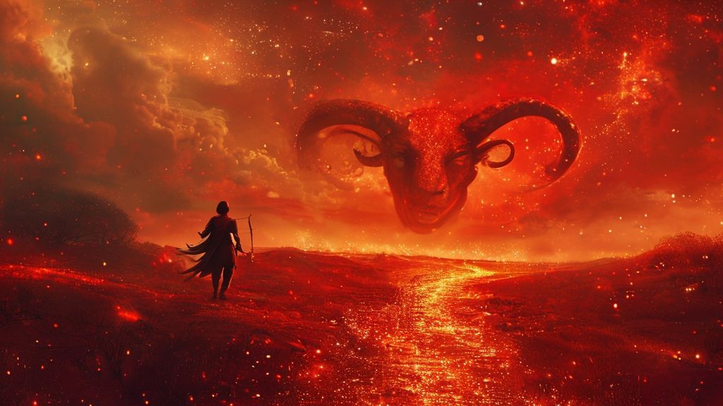 A fiery Aries soul, a lone warrior in a celestial landscape, bathed in Mars's crimson glow. A path of shimmering stardust guides them, courage and action personified.