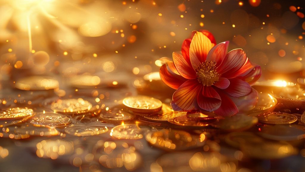 A fiery Aries symbol, half-submerged in cool, flowing gold coins. Soft, ethereal light bathes the scene, highlighting a blooming, resilient desert flower. Cinematic shot.