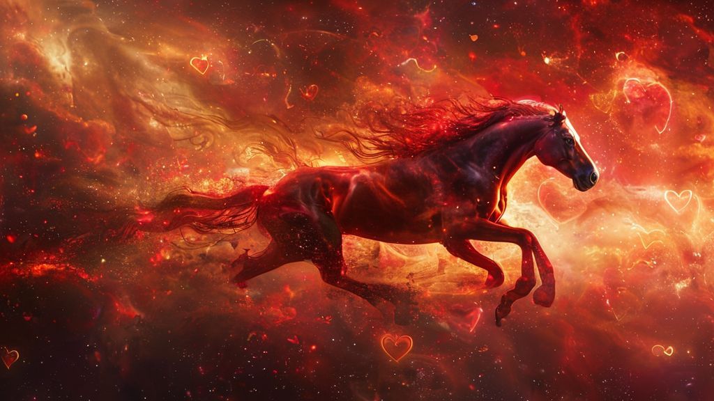 A fiery horse gallops through a nebula of crimson and gold. Ethereal light illuminates intertwining hearts, a symbol of passionate connections, against a backdrop of swirling cosmic dust.