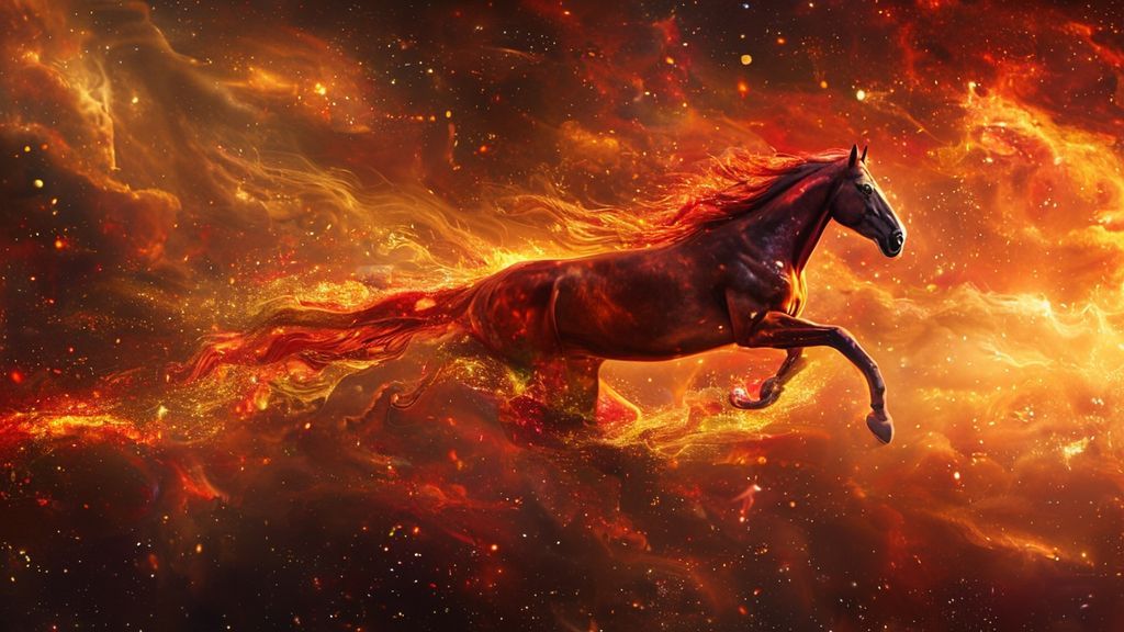 A fiery horse leaping through swirling crimson nebulae, illuminated by golden light. Embrace of the unknown: a path of glittering stars, whispering wind, with wisps of fiery energy.