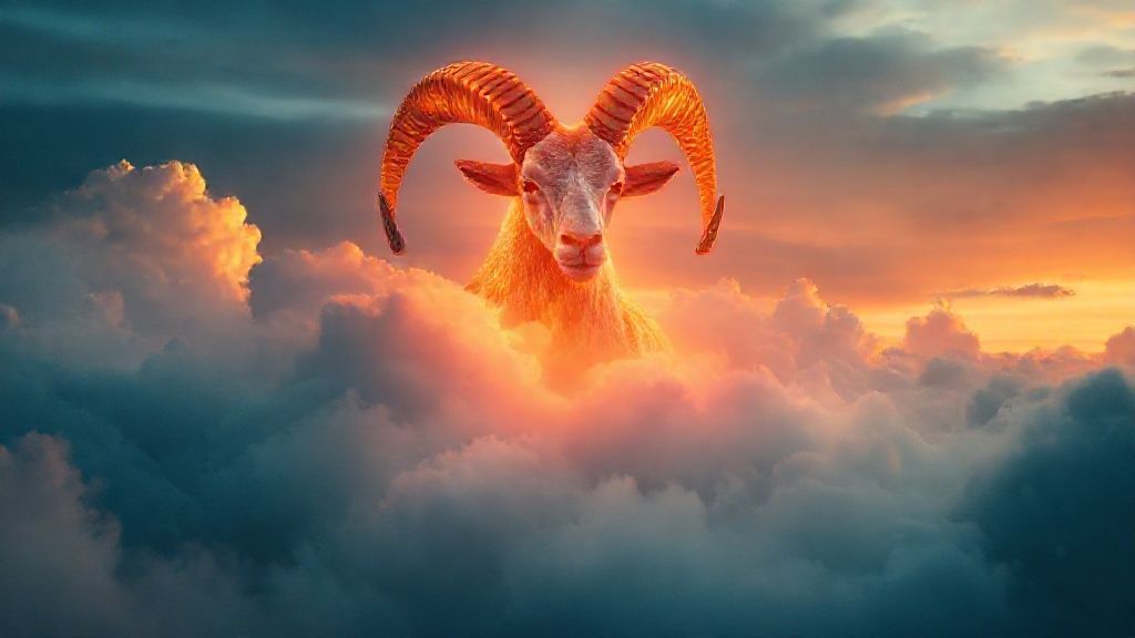 A fiery ram's spirit, glowing with inner light, exhales gentle clouds. Deep blues and oranges blend in a cosmic ballet, emphasizing grounding and emotional depths. Ethereal, cinematic, 4k.