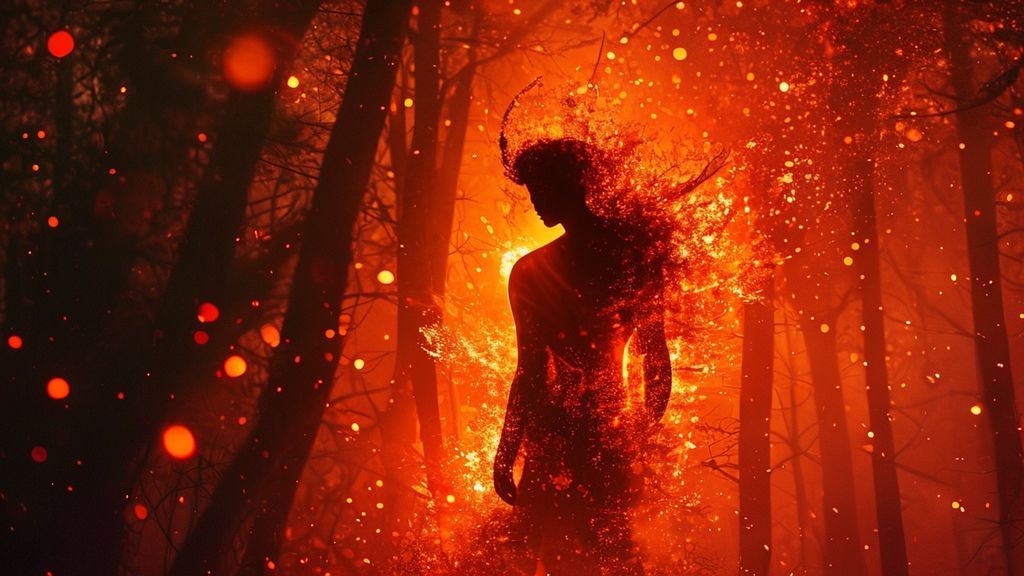 A fiery silhouette of Lucas, Aries constellation shimmering within him. Intense, warm orange and red light bursts around him, illuminating a shadowed forest. Courage and bravery depicted.