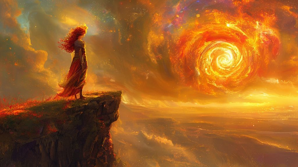 A fiery-haired Aries figure stands on a cliff at dawn, bathed in golden light. They gaze towards a horizon ablaze with swirling celestial colors, embodying personal growth and strength.