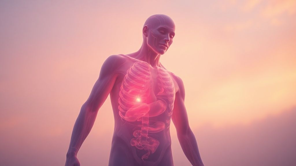 A figure dissolving into soft, warm light. Body slowly unraveling, muscle fibers fading into a lavender sky. Cinematic, ethereal, 4k.