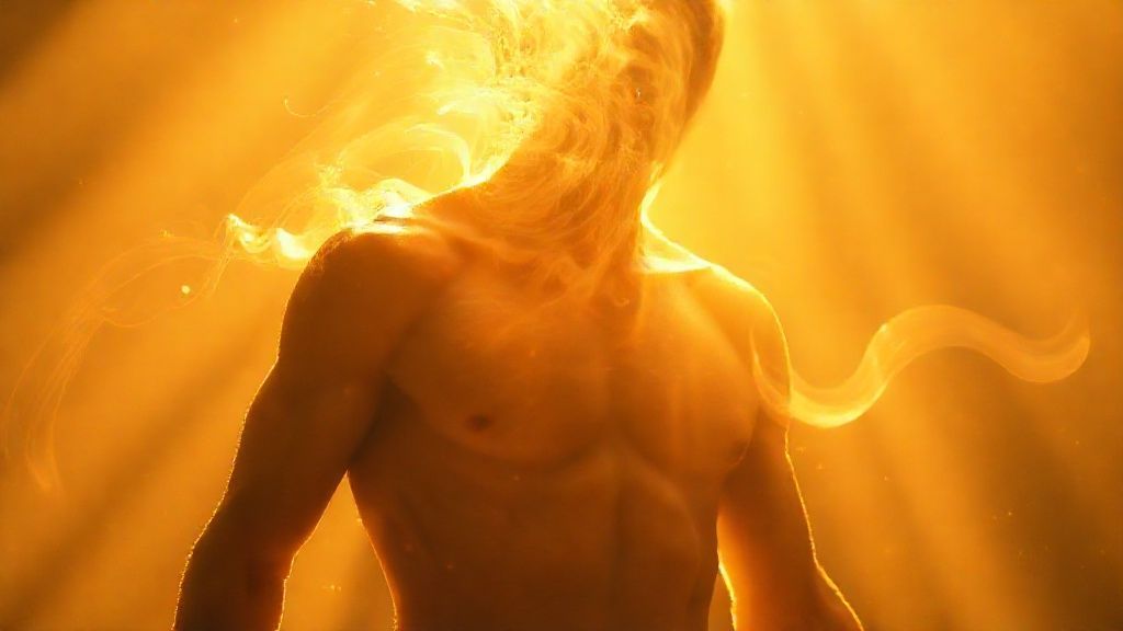 A figure dissolving into warm golden light, muscles gently unraveling. Soft, diffused illumination bathes the scene, highlighting swirling ethereal energy, promoting tranquility and release.