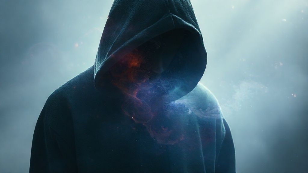 A figure draped in an oversized, shadowy hoodie, bathed in soft, celestial light. The form dissolves slightly, merging with swirling nebula-like colors, representing introspection and sensory withdrawal.