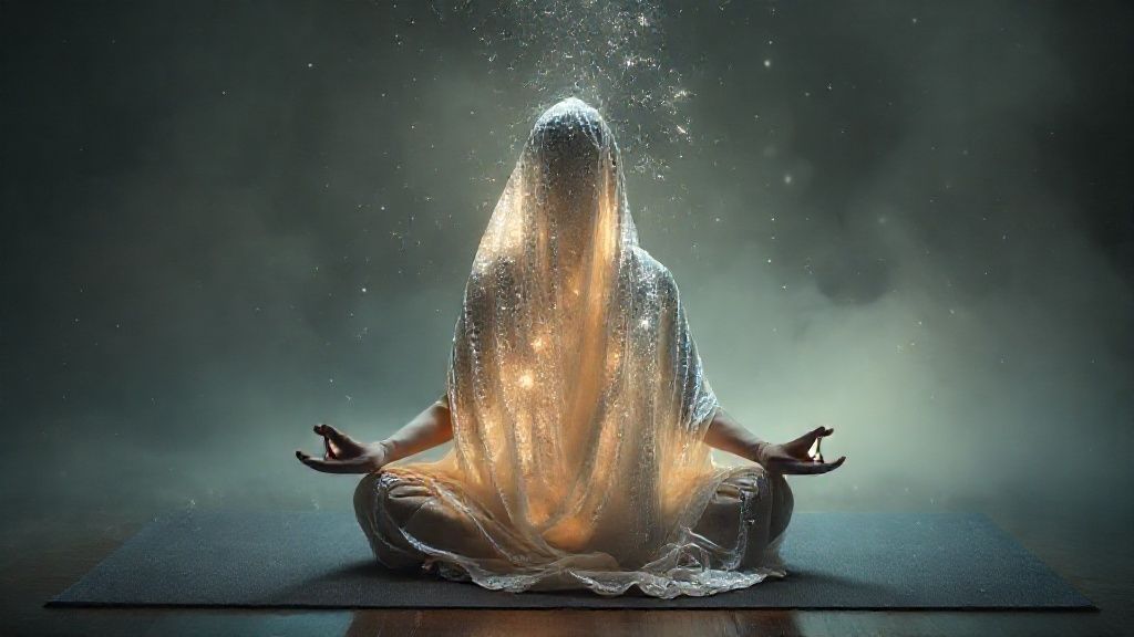 A figure draped in shimmering fabric, meditating on a yoga mat. Soft light emanates, weaving through them, dissolving into cosmic dust. Mystic, ethereal, 4k, cinematic.