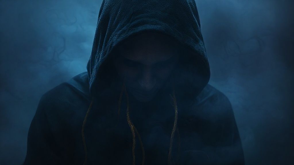 A figure, cloaked in shadows, struggles against knotted, golden threads representing anxiety. Their shoulders are hunched, illuminated by a dim, ethereal light, hinting at hidden tension. Misty blues and deep purples swirl.